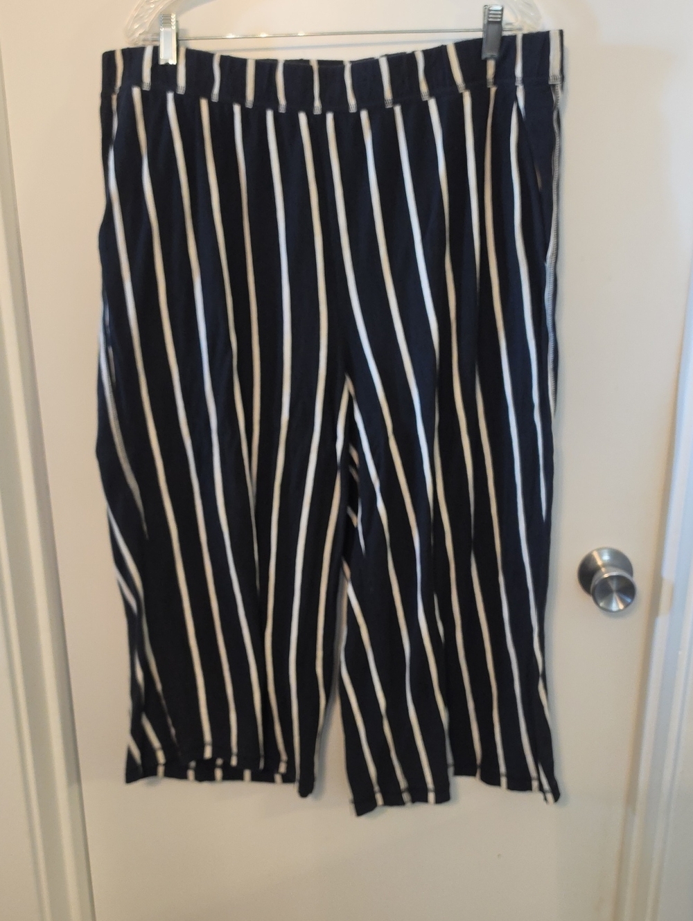 Eileen Fisher Navy and White Vertical-Strip Wide Crop Pants